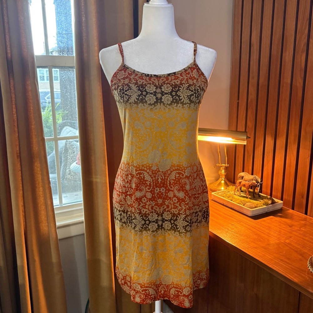 Uncivilized Orange Yellow Paisley Floral Keyhole Back Mini Dress Large C3996